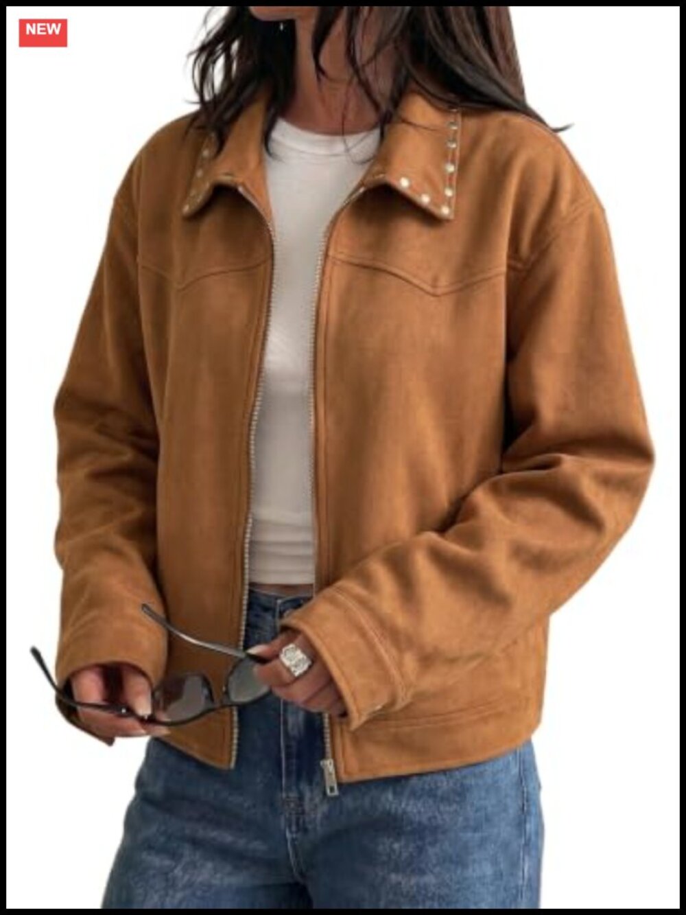 Studded Faux Suede Cropped Jacket Womens Loose Fit Casual Fall Coat